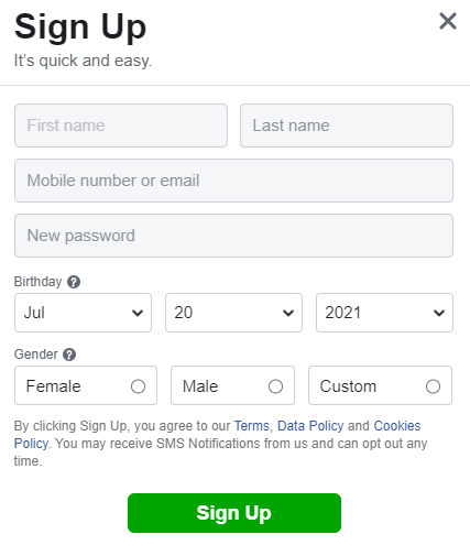 How can i sign up, register, log in on Facebook.com?